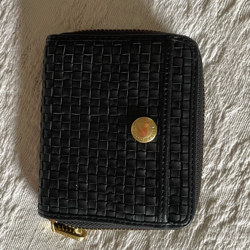 Cole Haan black leather wallet gold trim zipper